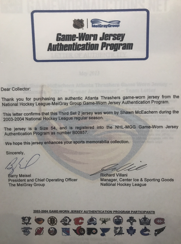 2003-04 Shawn McEachern Atlanta Thrashers Game Worn Jersey - Alternate -  37 - 5-year Anniversary - Team Letter